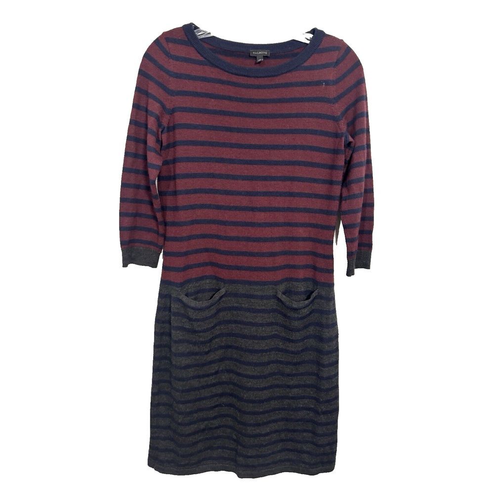 Talbots Burgundy‎ Gray Striped Pocket 3/4 Sleeve Sheath Sweater Knit Dress Sz XS